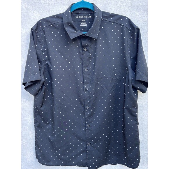 Perry Ellis Short Sleeve Black Button Down Mens Travel Lux Shirt Large - Picture 3 of 9